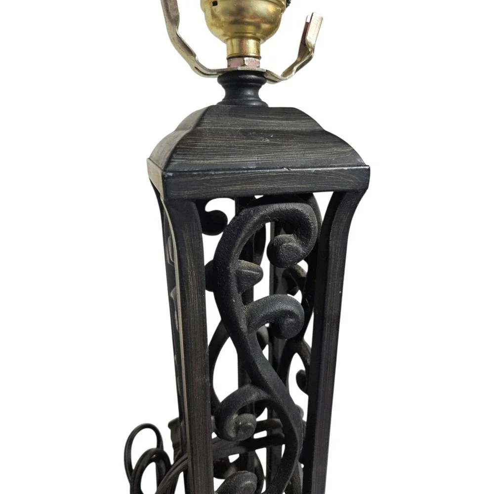 Vintage Black Wrought Iron Table Lamp Gothic Spanish Revival Scrollwork Design